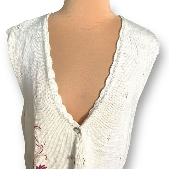 Vintage 90s Embroidered Printed Knit Sweater Vest Oatmeal Burgundy Dark Floral - Picture 5 of 12